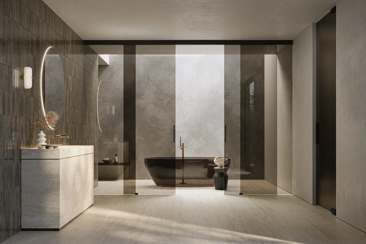 Minimal: porta scorrevole e porta a bilico in un bagno