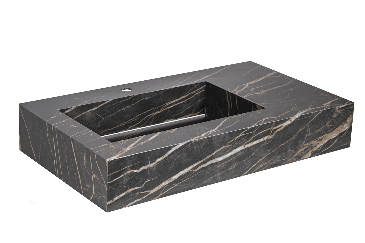 Lavabo monolitico in gres nero venato, vasca ricavata nella lastra
