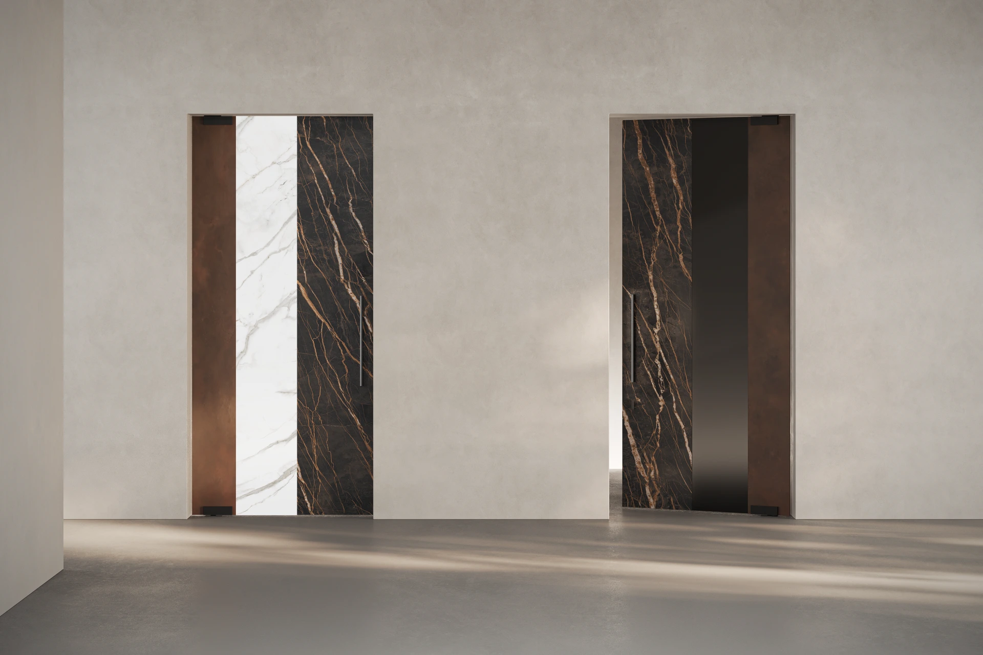 Due porte Easy a battente in gres, decoro Barcode