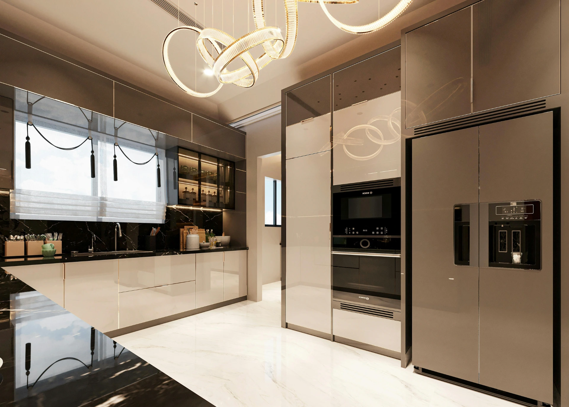 Cucina con ante laccate e superfici in gres, allestimento navale
